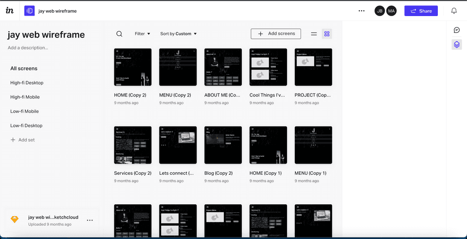 Website wireframe in Invision